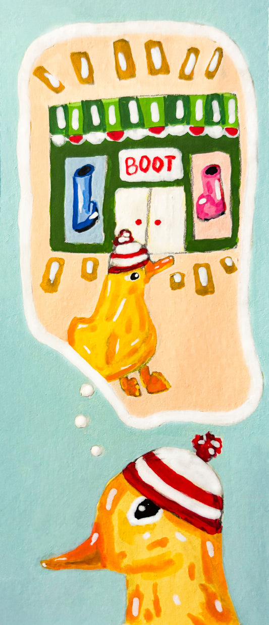 Illustration of a duck wearing a hat, looking at a store with a sign that says 'BOOT'.