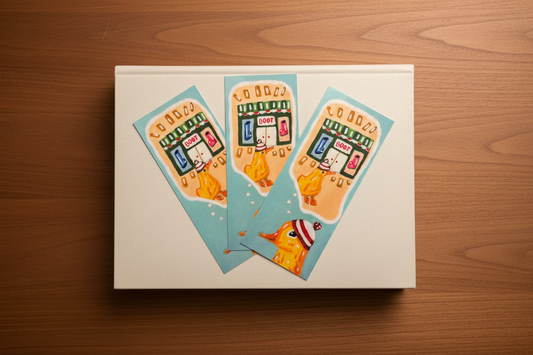 Three colorful bookmarks with cartoon ducks on a wooden surface