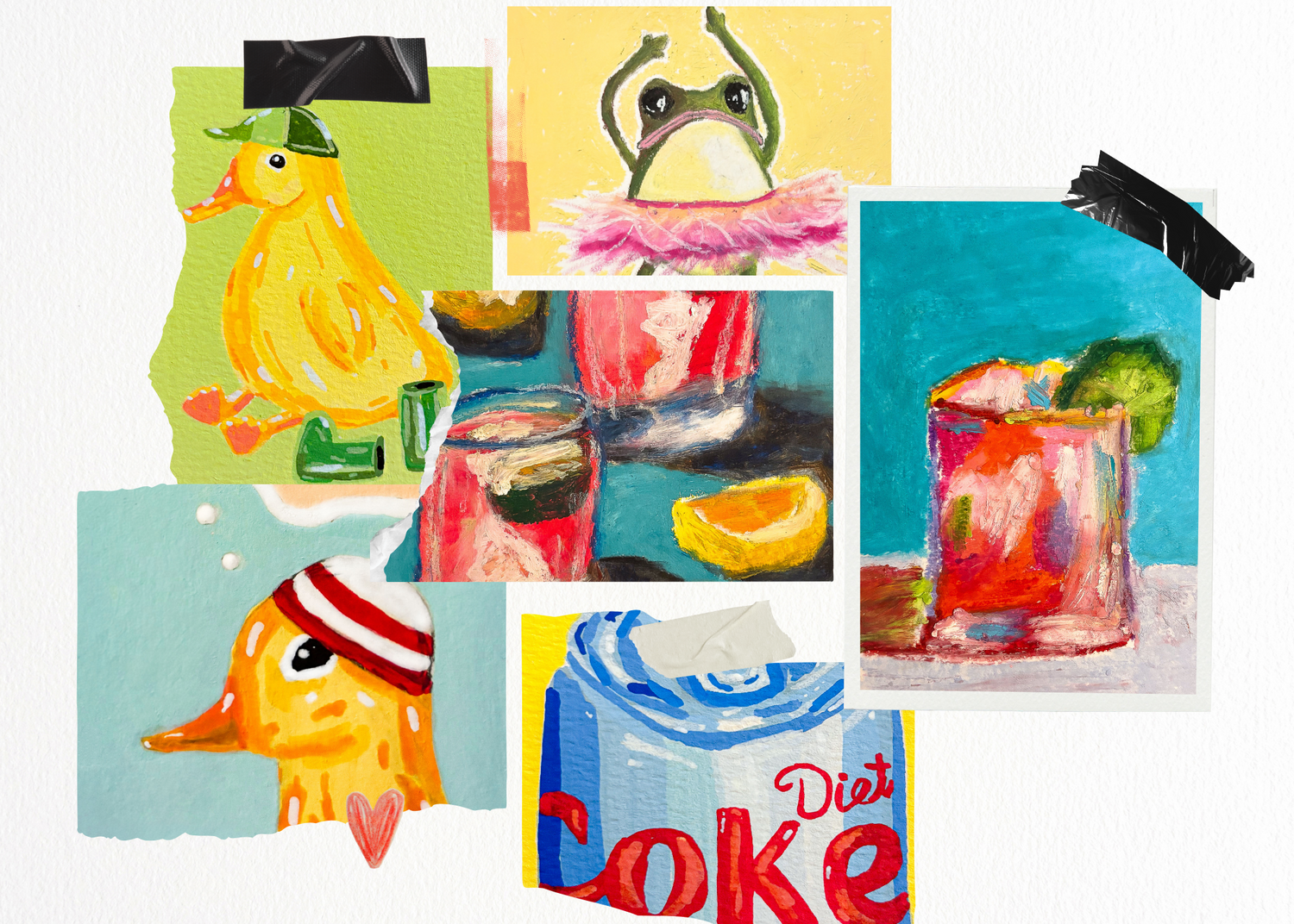 Collage of colorful paintings featuring animals and a can of Diet Coke.